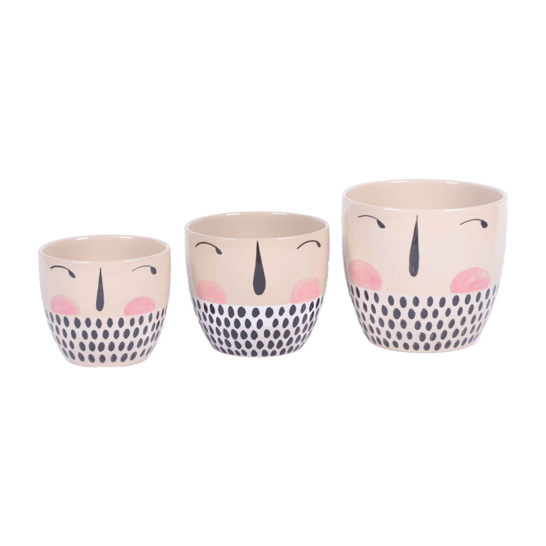 Cer, S.3 6/7/8" Painted Face Planters, Multi