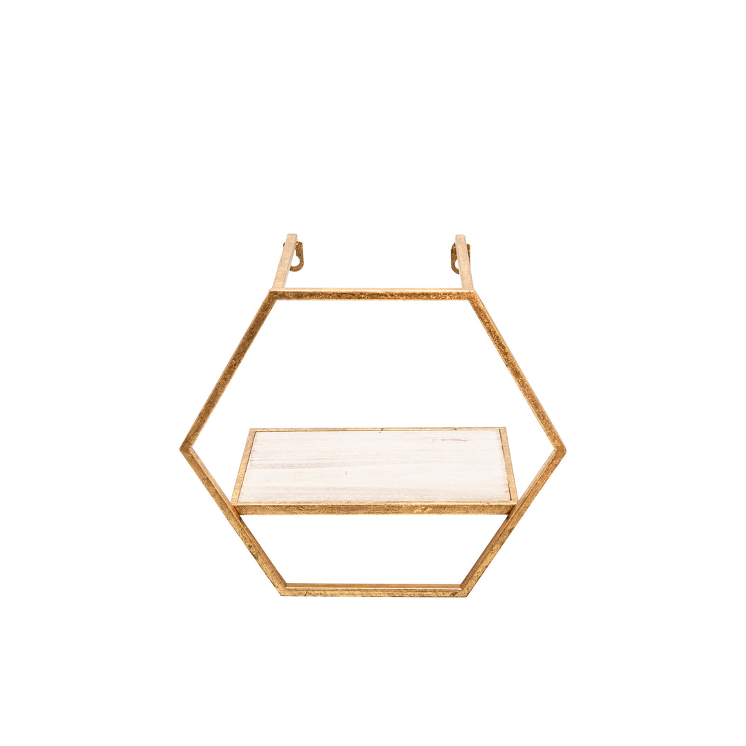 S/3 Metal/wood Hexagon Wall Shelves, Gold